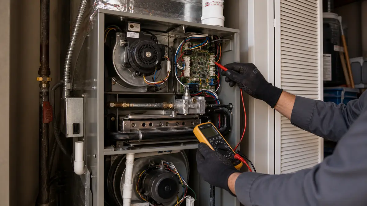 Trane gas furnace with variable-speed ECM blower installed in an Encino closet