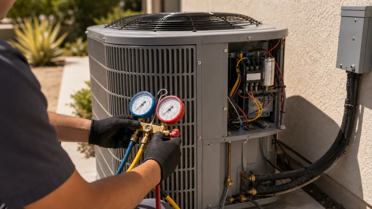 Gauges on a short-cycling Trane condenser during an Encino diagnosis