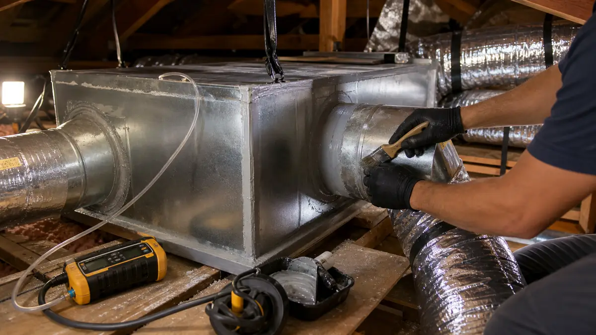 Sealed and resized supply ducts under an Encino ranch home