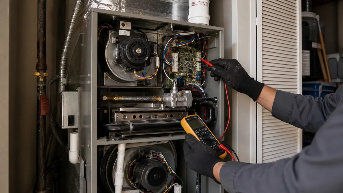 Technician checking a Trane furnace control board and flame sensor in Encino