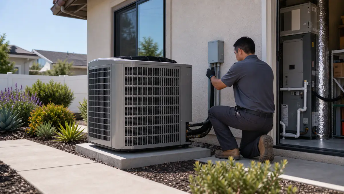 New Trane heat-pump outdoor unit installed beside an Encino home